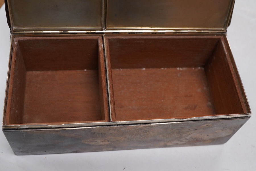 A Victorian silver rectangular cigarette box, by George Unite, with two interior lidded cedar wood lined compartments and engraved WS monogram, London, 1885, 17.9cm. Provenance - formerly the property of Walter Shoolbred